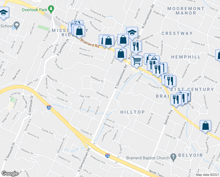 map of restaurants, bars, coffee shops, grocery stores, and more near 119 South Germantown Road in Chattanooga