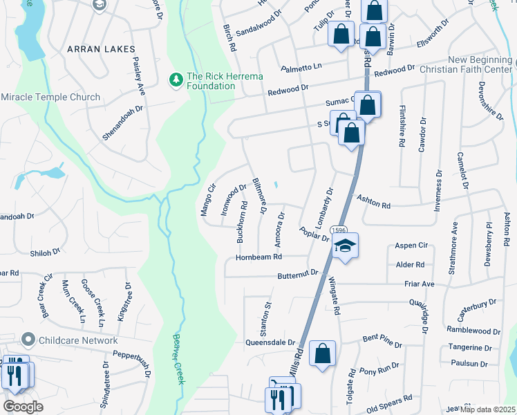 map of restaurants, bars, coffee shops, grocery stores, and more near 2105 Biltmore Drive in Fayetteville