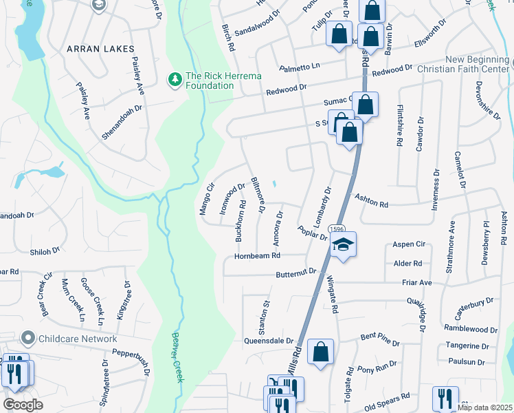map of restaurants, bars, coffee shops, grocery stores, and more near 2102 Biltmore Drive in Fayetteville