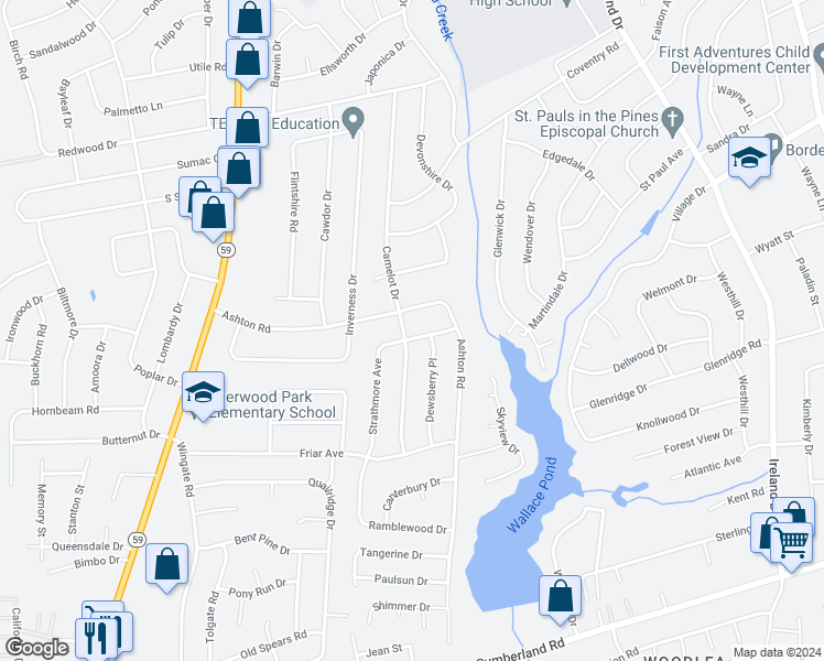 map of restaurants, bars, coffee shops, grocery stores, and more near 1707 Camelot Drive in Fayetteville