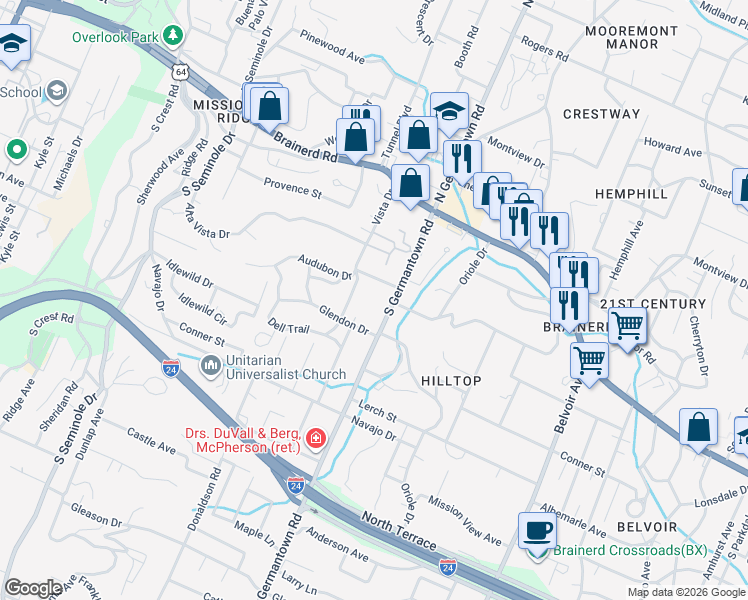 map of restaurants, bars, coffee shops, grocery stores, and more near 3505 Glendon Drive in Chattanooga