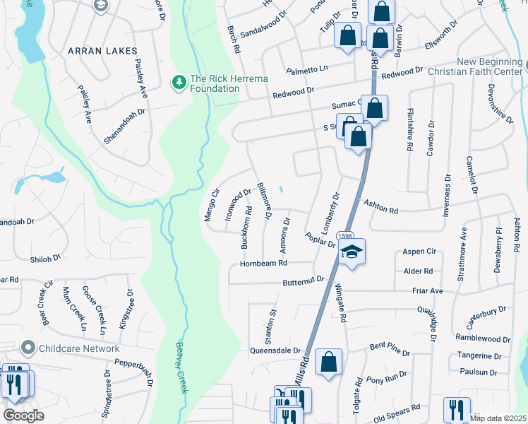 map of restaurants, bars, coffee shops, grocery stores, and more near 2102 Biltmore Drive in Fayetteville