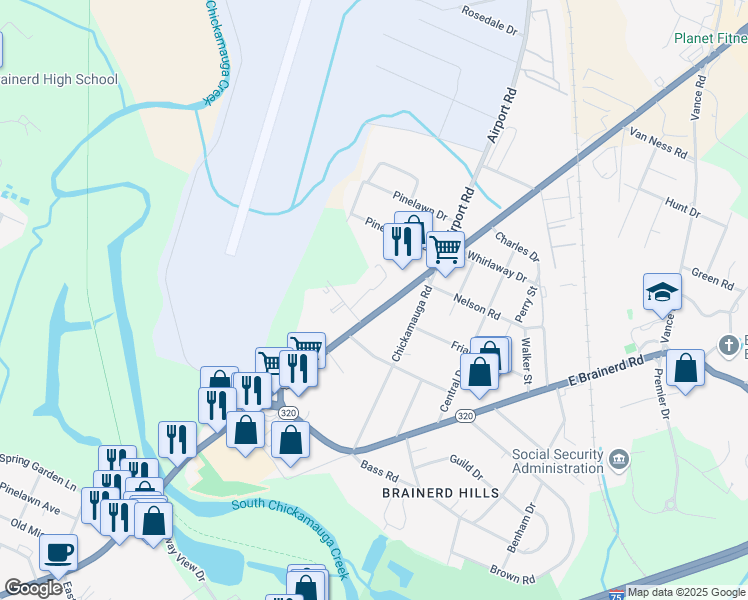 map of restaurants, bars, coffee shops, grocery stores, and more near 5803 Lee Highway in Chattanooga