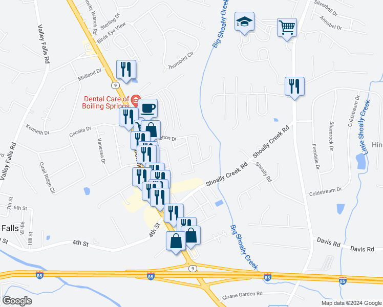 map of restaurants, bars, coffee shops, grocery stores, and more near 517 Clairidge Drive in Boiling Springs