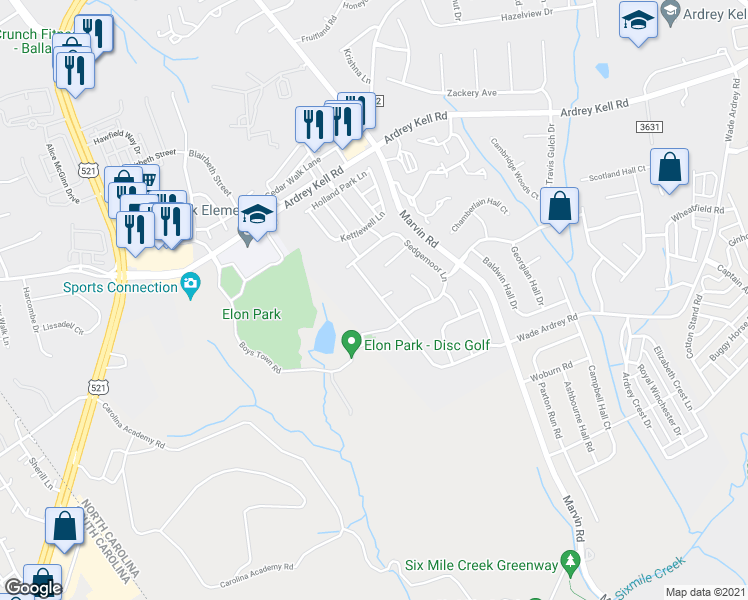 map of restaurants, bars, coffee shops, grocery stores, and more near 17210 Westmill Lane in Charlotte