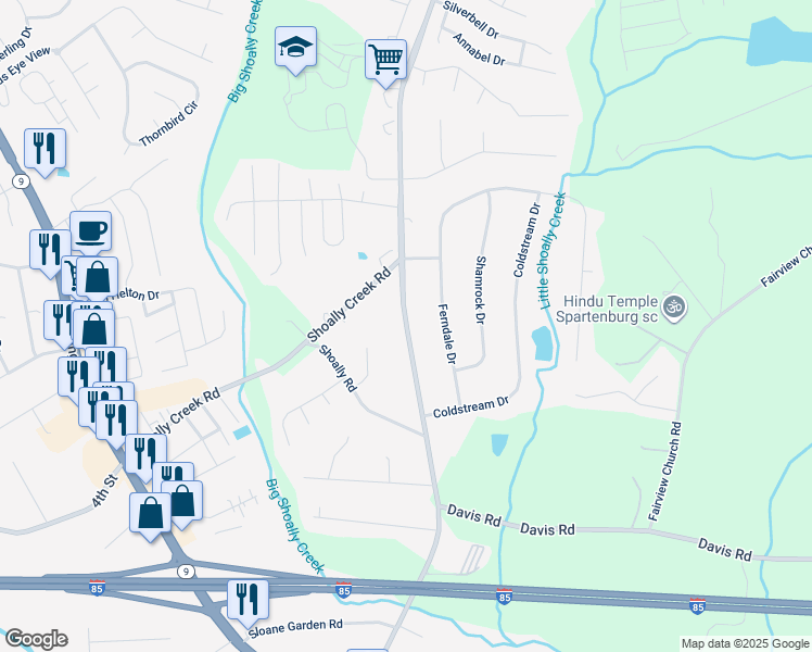 map of restaurants, bars, coffee shops, grocery stores, and more near 3543 Parris Bridge Road in Boiling Springs