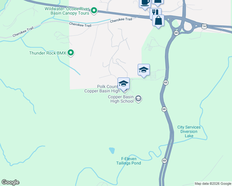 map of restaurants, bars, coffee shops, grocery stores, and more near Cougar Drive in Copperhill