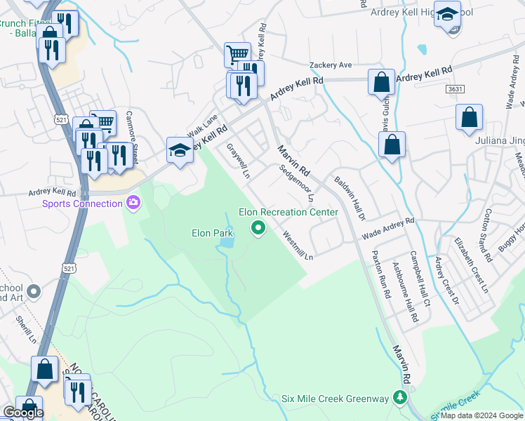 map of restaurants, bars, coffee shops, grocery stores, and more near 17136 Westmill Lane in Charlotte