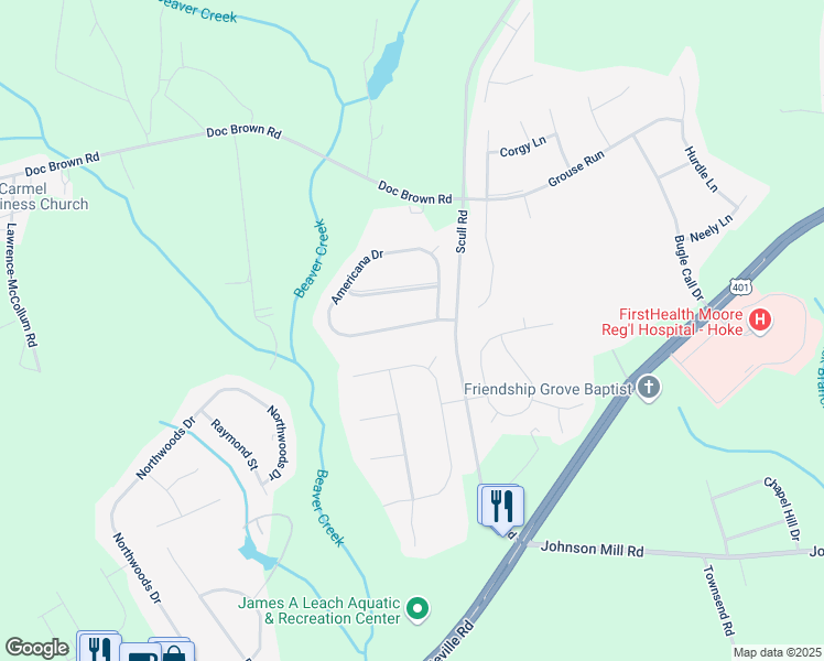 map of restaurants, bars, coffee shops, grocery stores, and more near 199 Americana Drive in Raeford