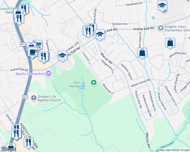 map of restaurants, bars, coffee shops, grocery stores, and more near 17136 Westmill Lane in Charlotte