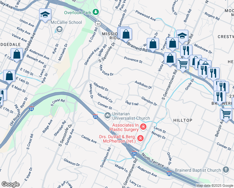 map of restaurants, bars, coffee shops, grocery stores, and more near 3361 Idlewild Drive in Chattanooga