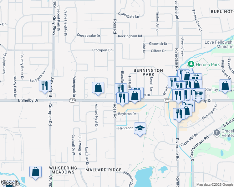 map of restaurants, bars, coffee shops, grocery stores, and more near 4662 Ross Road in Memphis