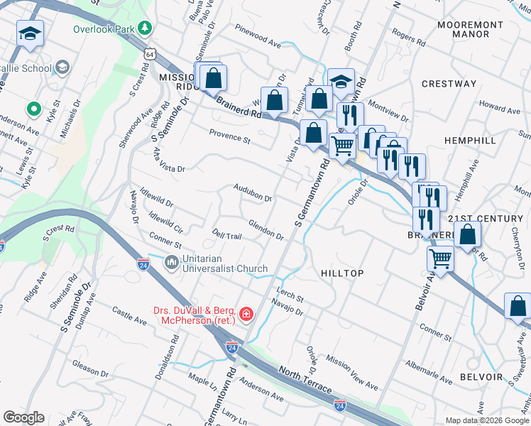 map of restaurants, bars, coffee shops, grocery stores, and more near 3422 Glendon Drive in Chattanooga