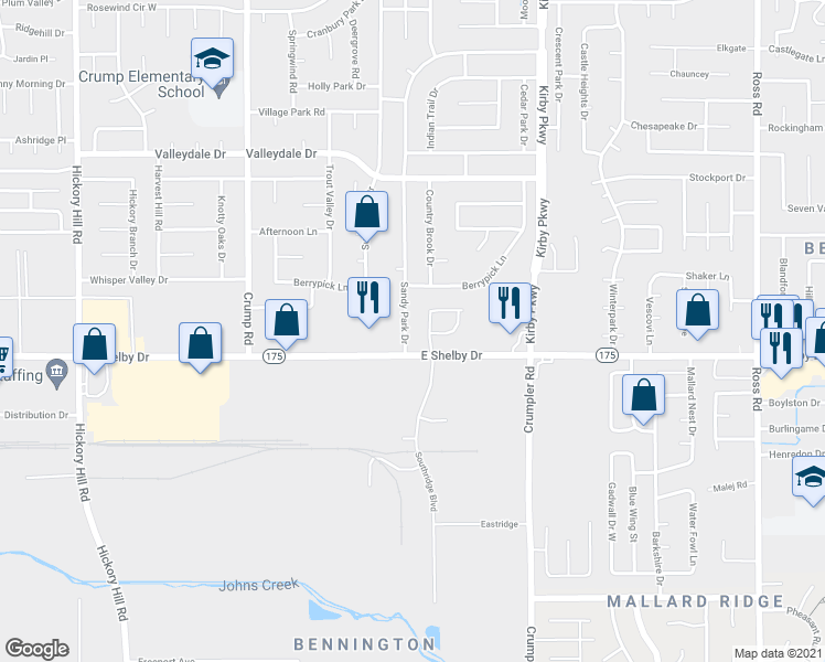 map of restaurants, bars, coffee shops, grocery stores, and more near 4666 Sandy Park Drive in Memphis