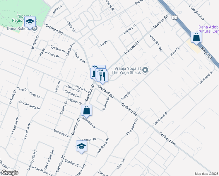 map of restaurants, bars, coffee shops, grocery stores, and more near 585 Orchard Road in Nipomo
