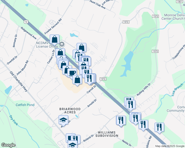 map of restaurants, bars, coffee shops, grocery stores, and more near 2841 West Highway 74 in Monroe