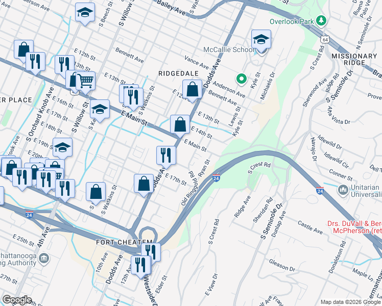 map of restaurants, bars, coffee shops, grocery stores, and more near 1523 Old Ringgold Road in Chattanooga