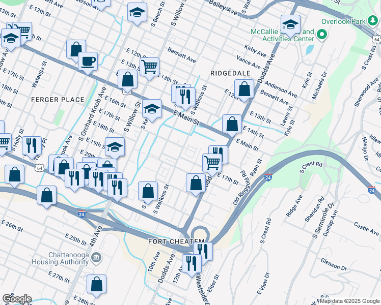 map of restaurants, bars, coffee shops, grocery stores, and more near 1700 South Watkins Street in Chattanooga