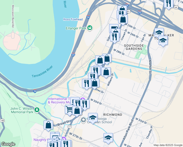 map of restaurants, bars, coffee shops, grocery stores, and more near 3146 Saint Elmo Avenue in Chattanooga