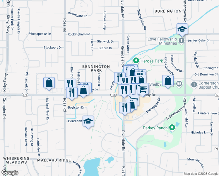 map of restaurants, bars, coffee shops, grocery stores, and more near 6895 Cleary Drive in Memphis
