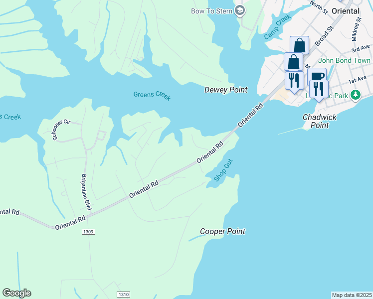 map of restaurants, bars, coffee shops, grocery stores, and more near 105 Goodwind Drive in Oriental