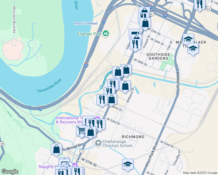 map of restaurants, bars, coffee shops, grocery stores, and more near 3146 Saint Elmo Avenue in Chattanooga