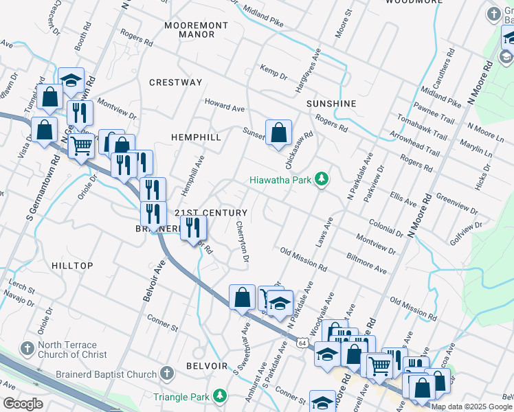 map of restaurants, bars, coffee shops, grocery stores, and more near 203 Hillside Drive in Chattanooga