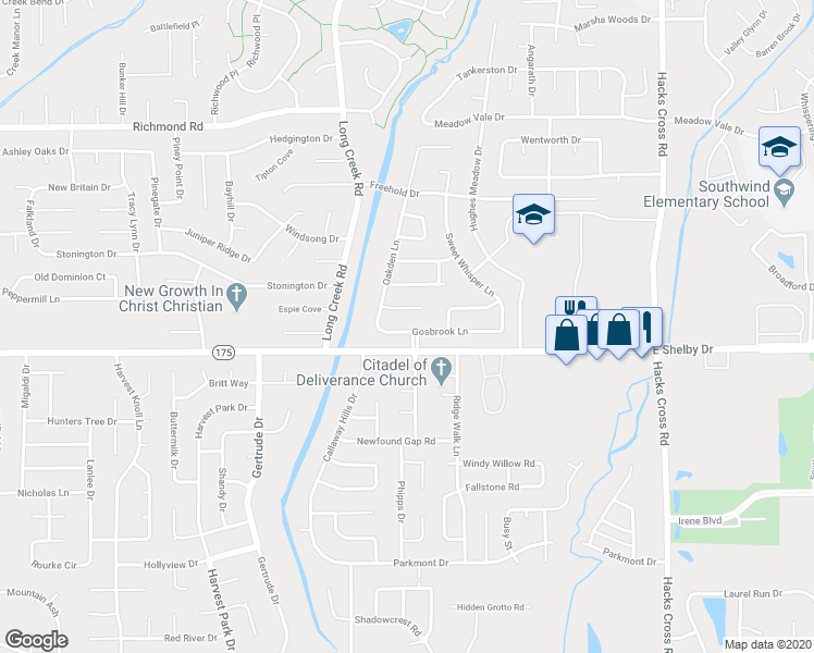 map of restaurants, bars, coffee shops, grocery stores, and more near 7712 Gosbrook Lane in Memphis