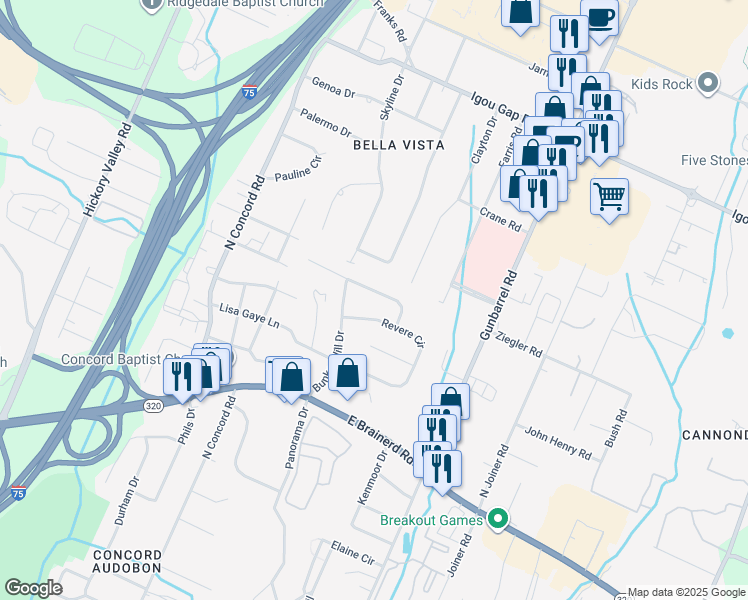 map of restaurants, bars, coffee shops, grocery stores, and more near 7123 Saratoga Lane in Chattanooga