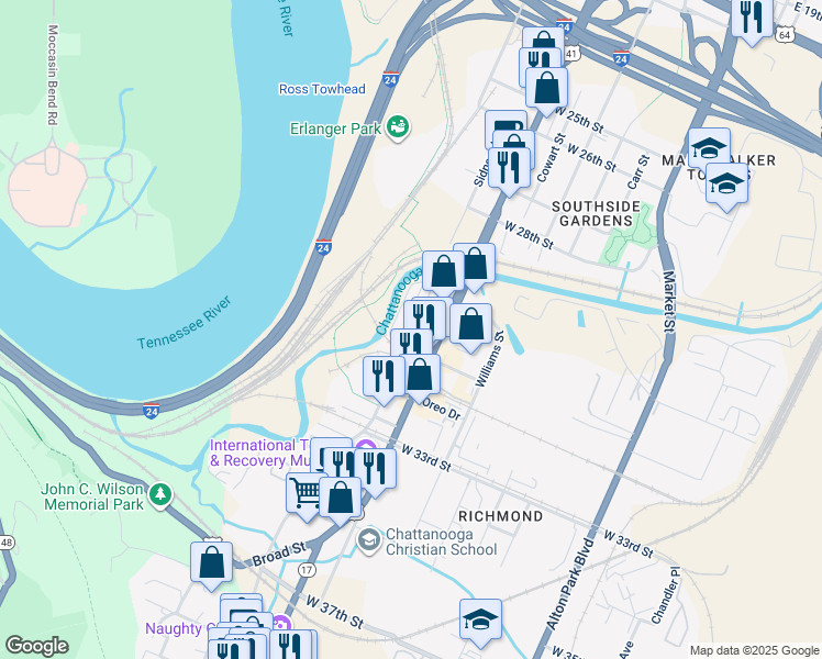 map of restaurants, bars, coffee shops, grocery stores, and more near 3109 Saint Elmo Avenue in Chattanooga