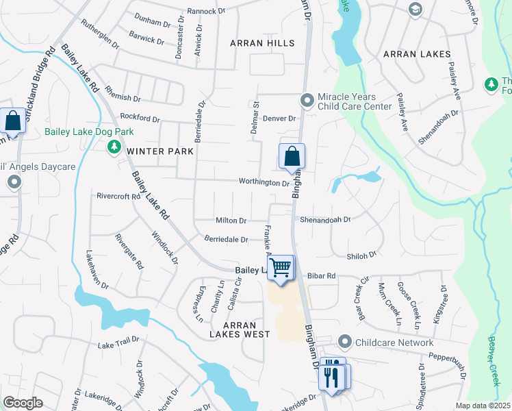 map of restaurants, bars, coffee shops, grocery stores, and more near 1783 Shirley Court in Fayetteville