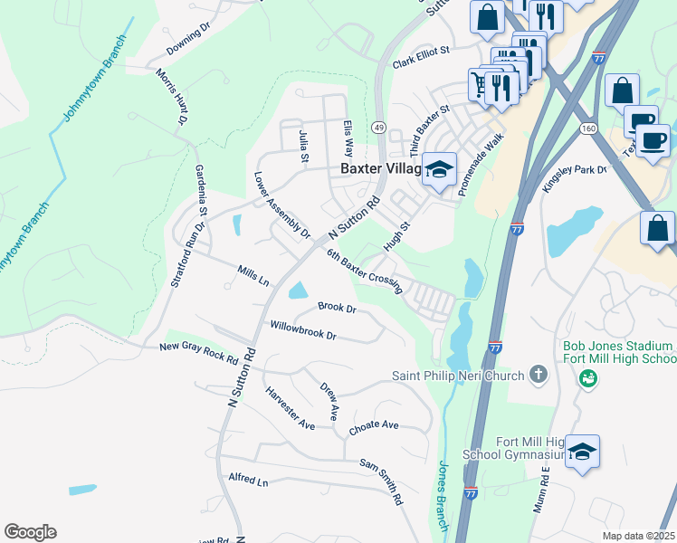 map of restaurants, bars, coffee shops, grocery stores, and more near 522 6th Baxter Crossing in Fort Mill