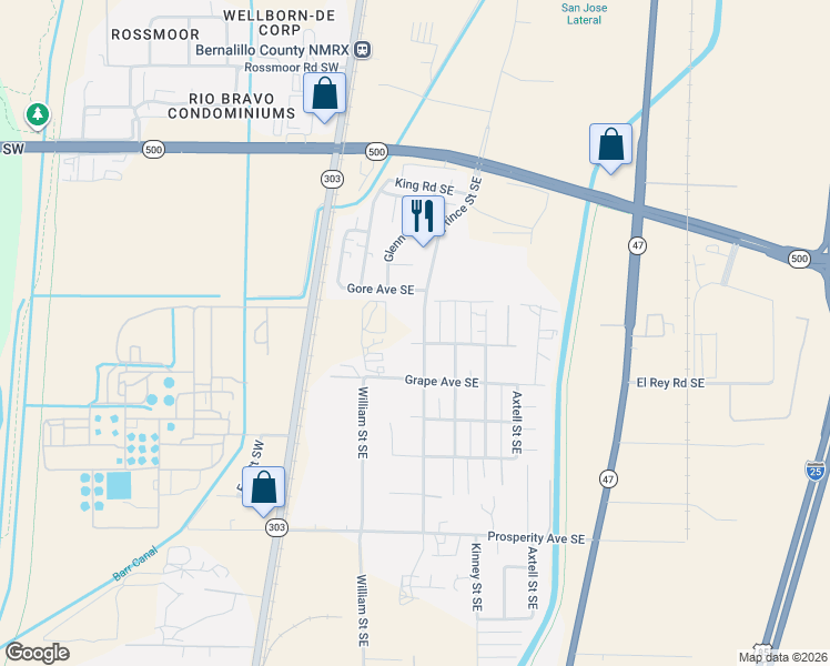 map of restaurants, bars, coffee shops, grocery stores, and more near 4002 Prince Street Southeast in Albuquerque
