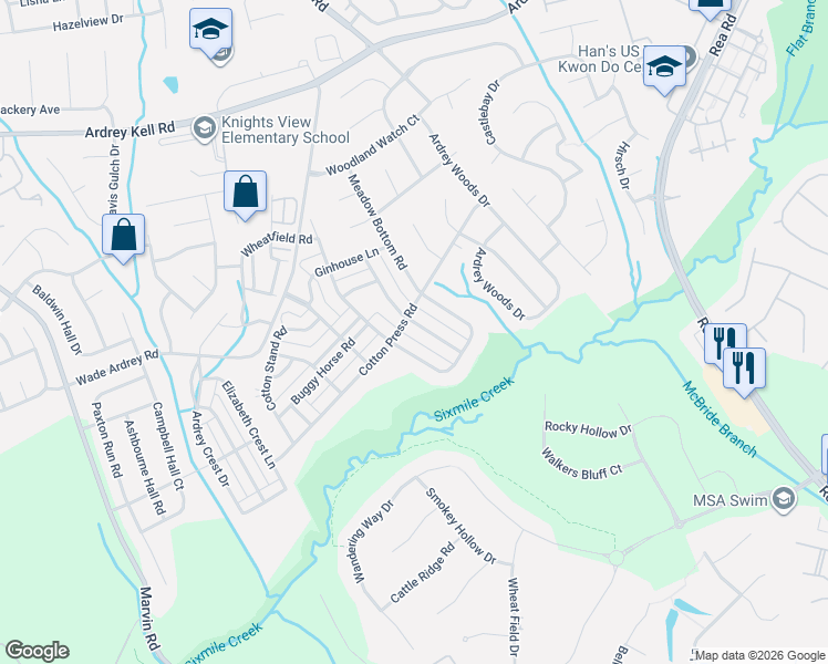 map of restaurants, bars, coffee shops, grocery stores, and more near 17929 Meadow Bottom Road in Charlotte