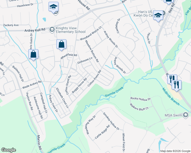 map of restaurants, bars, coffee shops, grocery stores, and more near 17018 Hedgerow Park Road in Charlotte