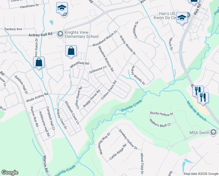 map of restaurants, bars, coffee shops, grocery stores, and more near 17018 Hedgerow Park Road in Charlotte