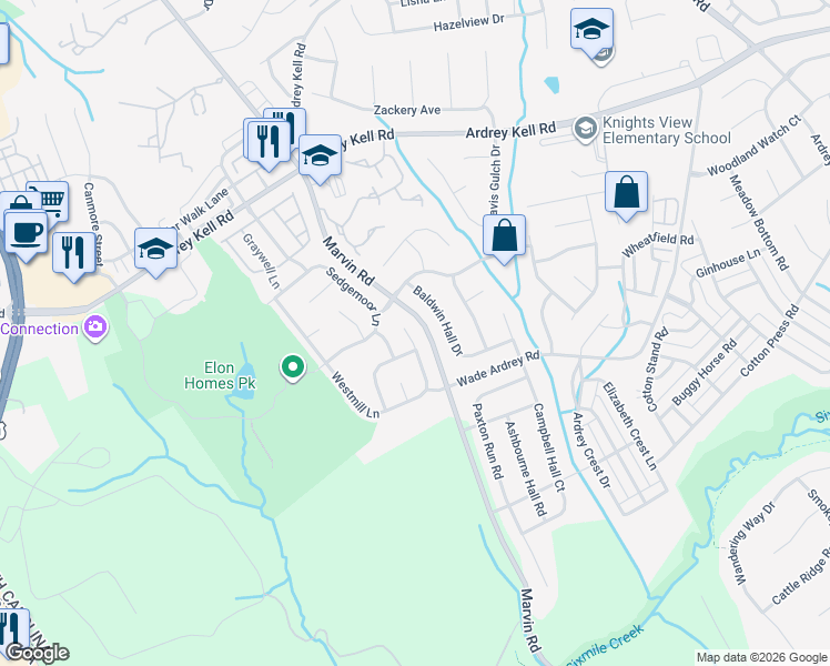 map of restaurants, bars, coffee shops, grocery stores, and more near 17230 Baldwin Hall Drive in Charlotte
