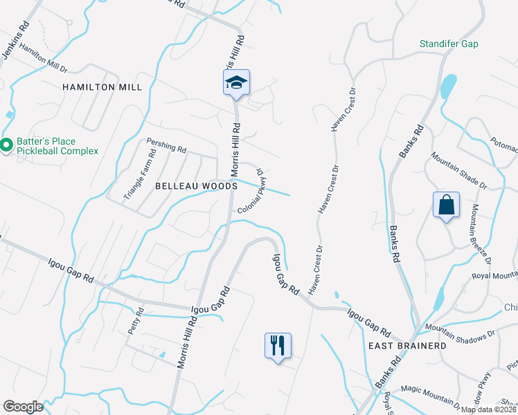 map of restaurants, bars, coffee shops, grocery stores, and more near 2112 Colonial Parkway Drive in Chattanooga