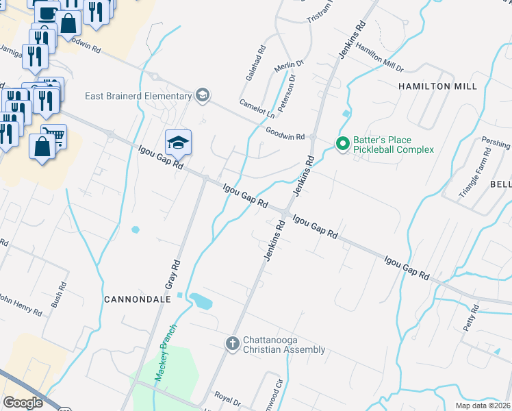 map of restaurants, bars, coffee shops, grocery stores, and more near 1816 Gray Road in Chattanooga