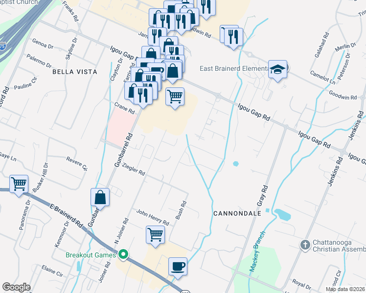 map of restaurants, bars, coffee shops, grocery stores, and more near 1819 Cannondale Loop in Chattanooga