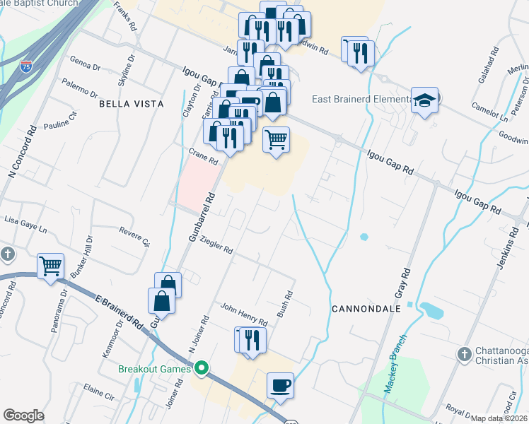 map of restaurants, bars, coffee shops, grocery stores, and more near 1741 North Joiner Road in Chattanooga