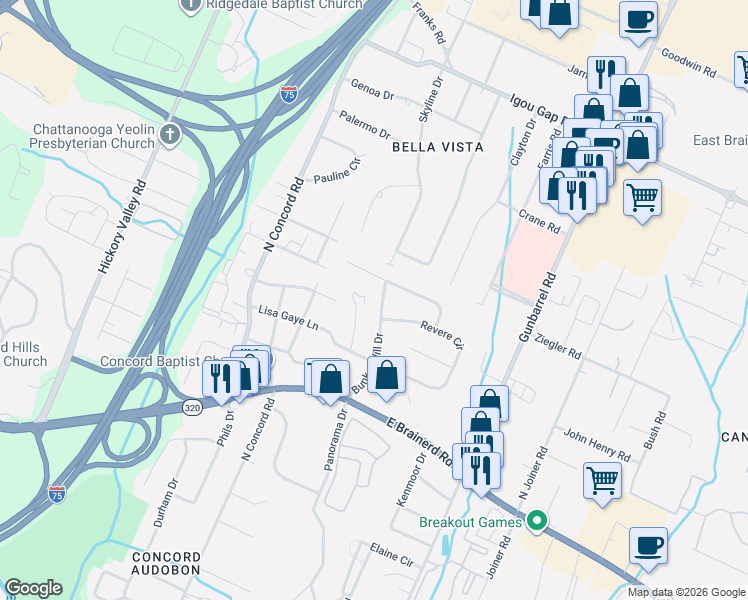 map of restaurants, bars, coffee shops, grocery stores, and more near 7117 Saratoga Lane in Chattanooga