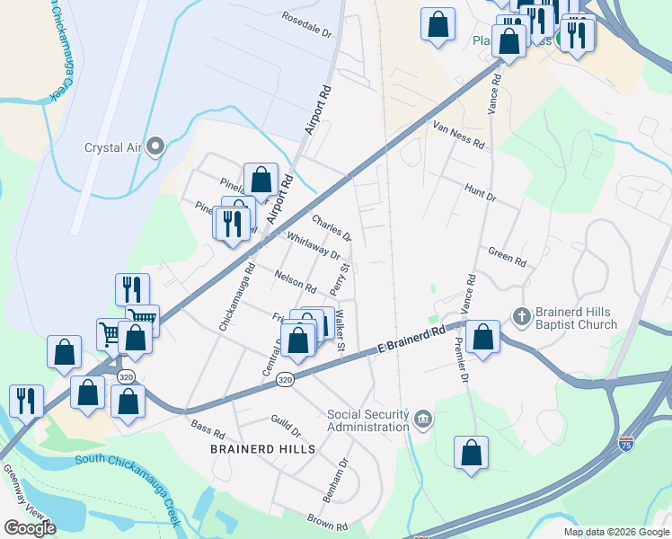 map of restaurants, bars, coffee shops, grocery stores, and more near 414 Central Drive in Chattanooga