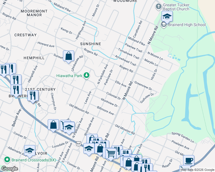 map of restaurants, bars, coffee shops, grocery stores, and more near 610 Parkview Drive in Chattanooga