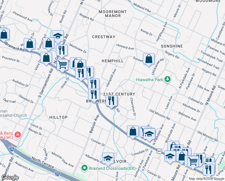 map of restaurants, bars, coffee shops, grocery stores, and more near 113 Talley Road in Chattanooga