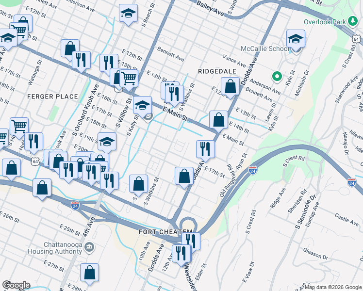 map of restaurants, bars, coffee shops, grocery stores, and more near 1605 South Watkins Street in Chattanooga