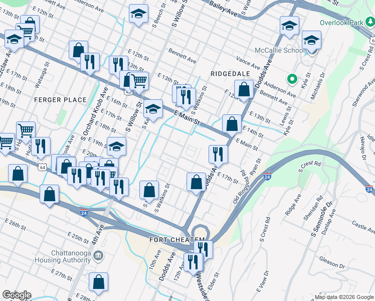 map of restaurants, bars, coffee shops, grocery stores, and more near 1605 South Watkins Street in Chattanooga