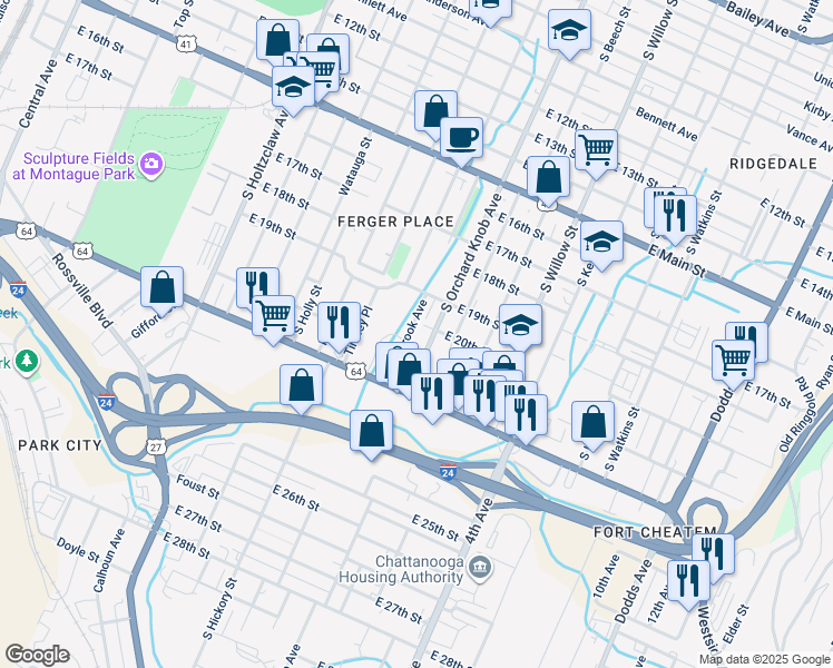 map of restaurants, bars, coffee shops, grocery stores, and more near 1916 Lynnbrook Avenue in Chattanooga