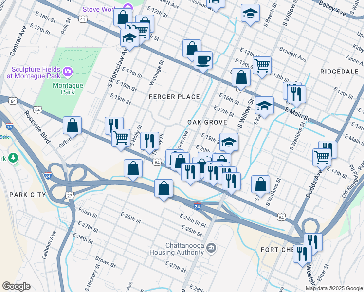 map of restaurants, bars, coffee shops, grocery stores, and more near 1916 Lynnbrook Avenue in Chattanooga