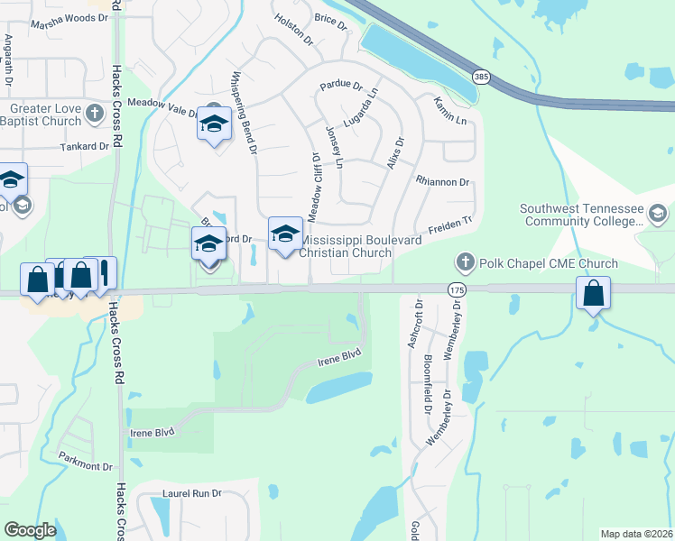 map of restaurants, bars, coffee shops, grocery stores, and more near 4624 Meadow Cliff Drive in Memphis